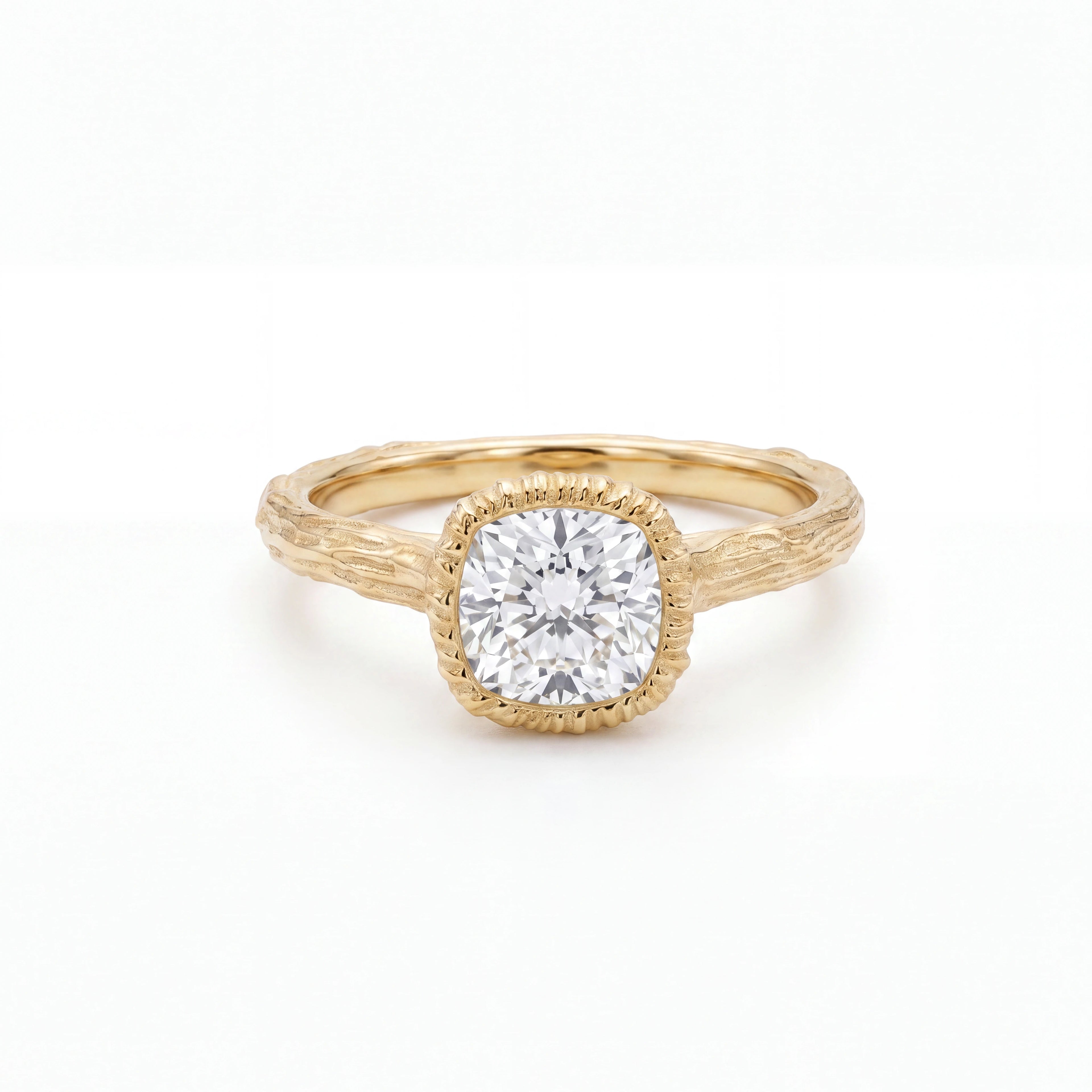 Cushion Cut Lab-Grown Diamond engagement ring with a hand-carved branch band in 14K yellow gold