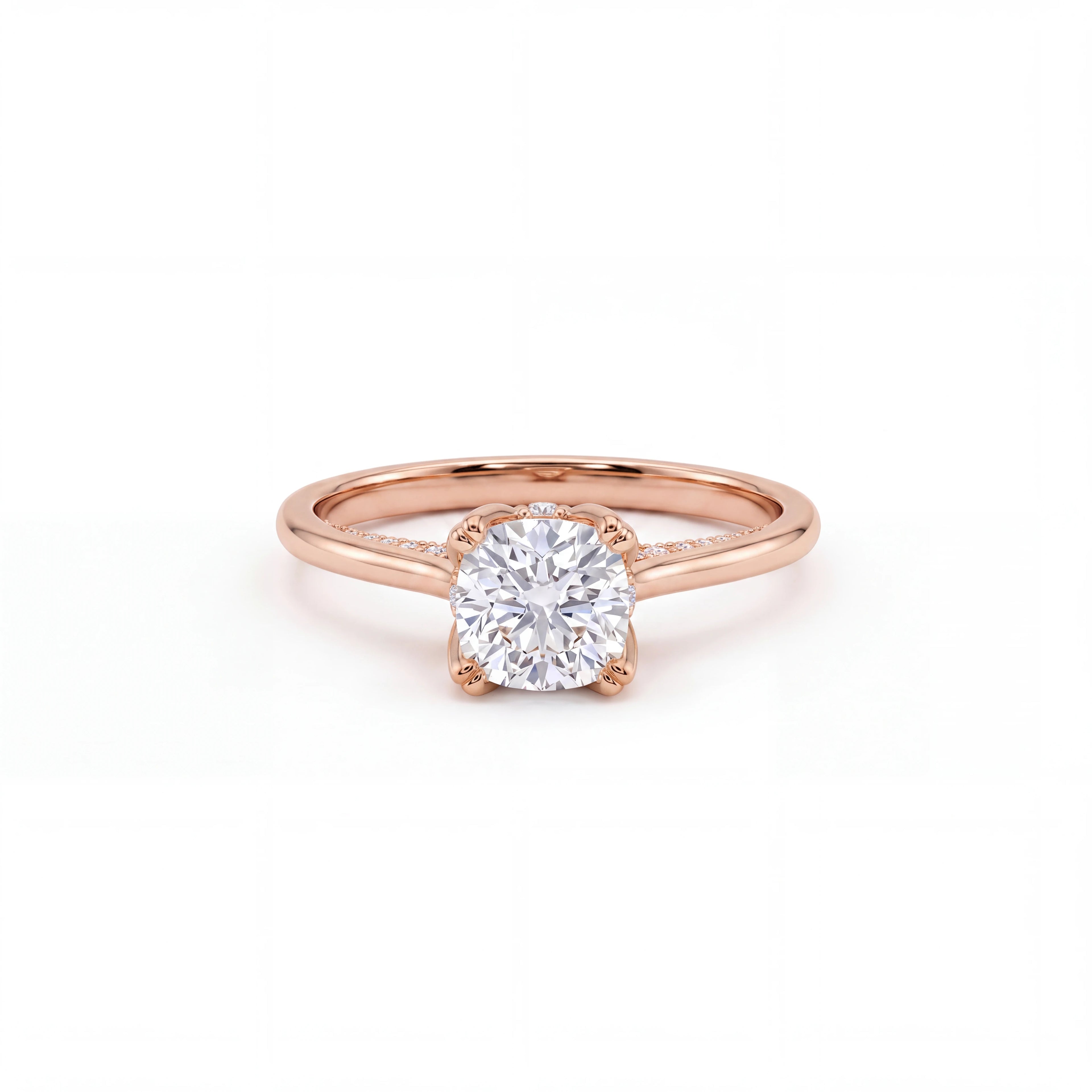 Cushion cut lotus prong milgrain Lab-Grown Diamond engagement ring in 14K rose gold, front view — Black Pearl of Queens