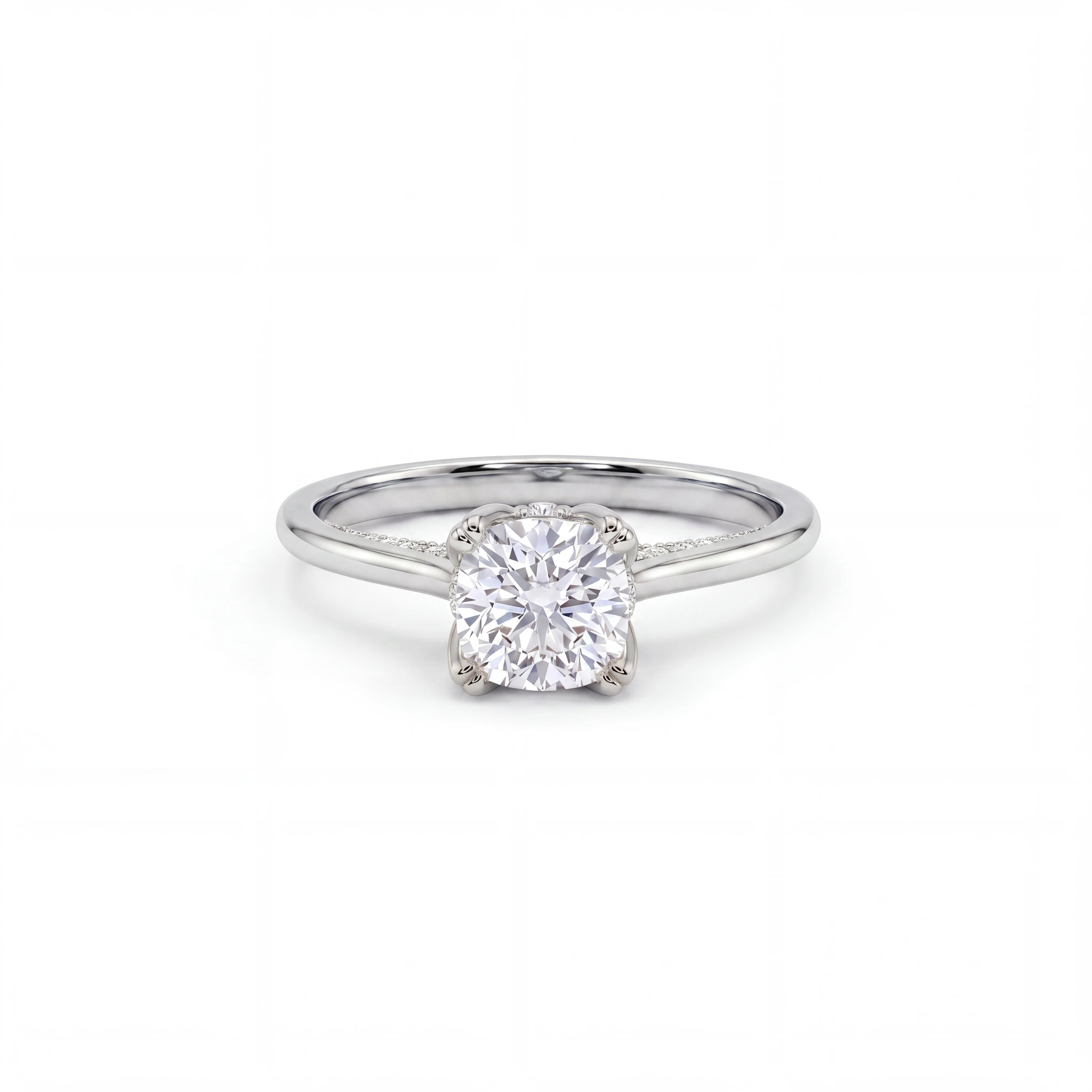 Cushion cut lotus prong milgrain Lab-Grown Diamond engagement ring in 14K white gold, front view — Black Pearl of Queens