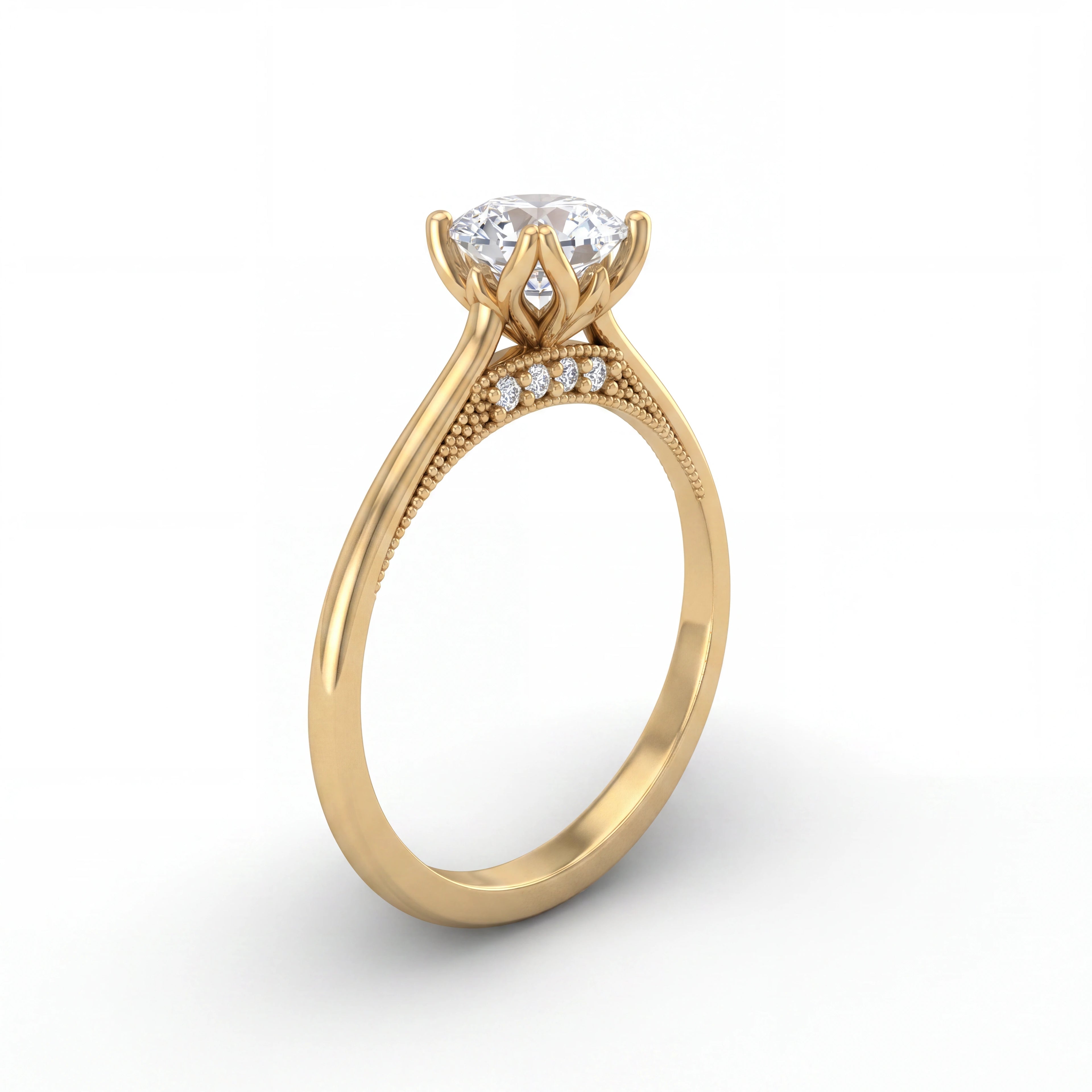 Cushion cut lotus prong milgrain Lab-Grown Diamond engagement ring in 14K yellow gold, angled view showing lotus petal prong basket — Black Pearl of Queens
