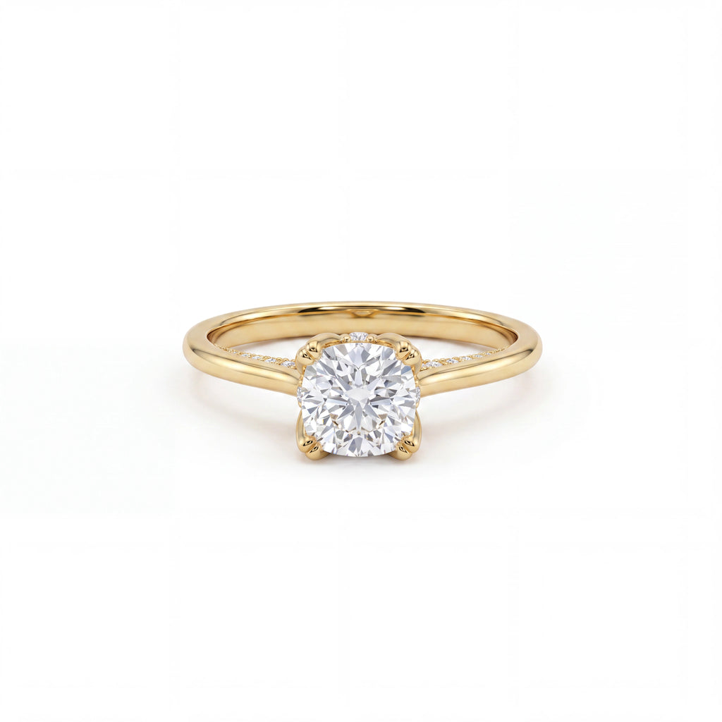 Cushion cut lotus prong milgrain Lab-Grown Diamond engagement ring in 14K yellow gold, front view showing 1ct cushion cut center in petal prong basket — Black Pearl of Queens