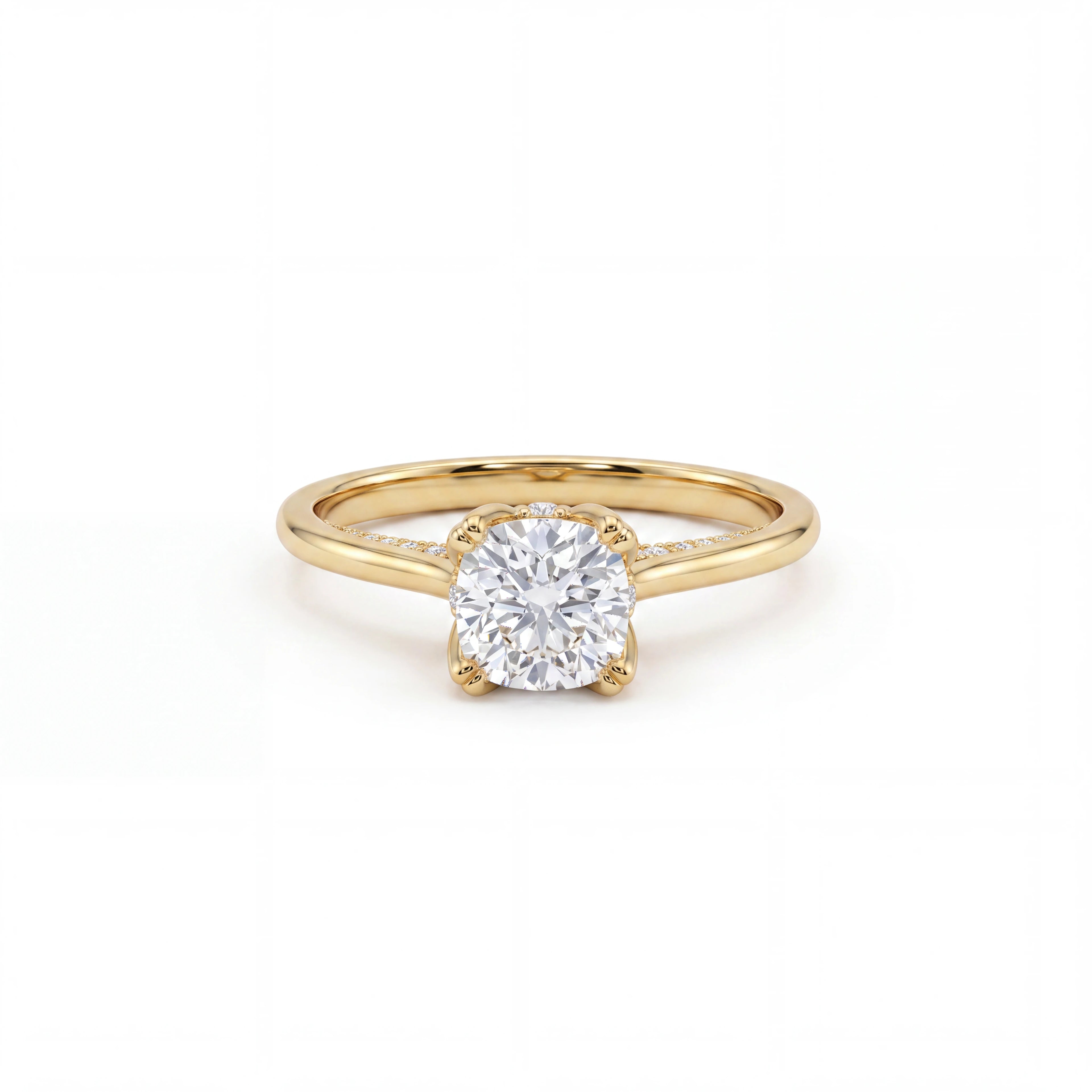 Cushion cut lotus prong milgrain Lab-Grown Diamond engagement ring in 14K yellow gold, front view showing 1ct cushion cut center in petal prong basket — Black Pearl of Queens