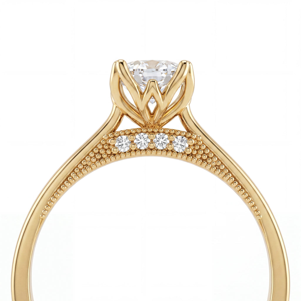 Cushion cut lotus prong milgrain Lab-Grown Diamond engagement ring in 14K yellow gold, side profile close-up of lotus basket showing gallery diamonds and milgrain edging — Black Pearl of Queens