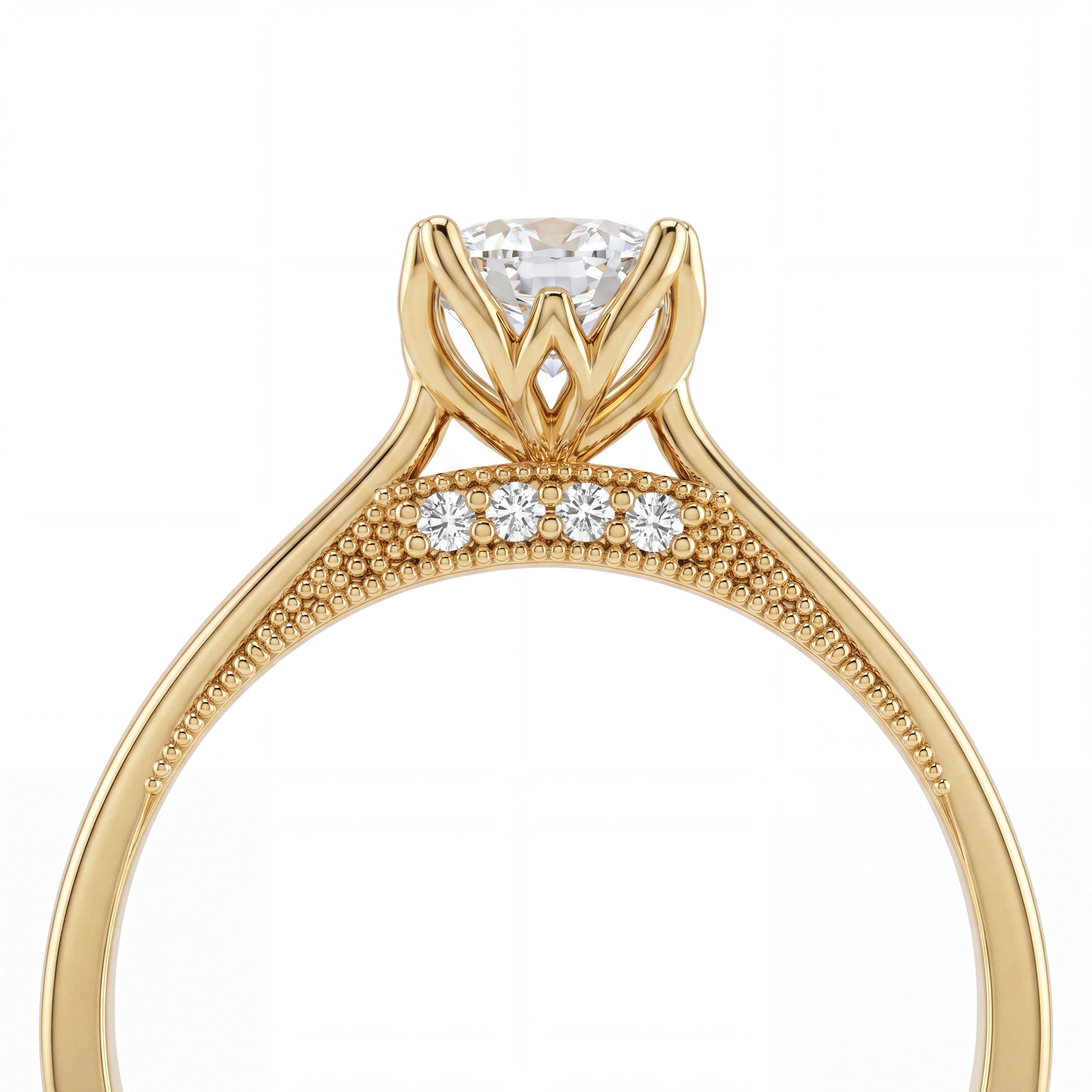 Cushion cut lotus prong milgrain Lab-Grown Diamond engagement ring in 14K yellow gold, side profile close-up of lotus basket showing gallery diamonds and milgrain edging — Black Pearl of Queens