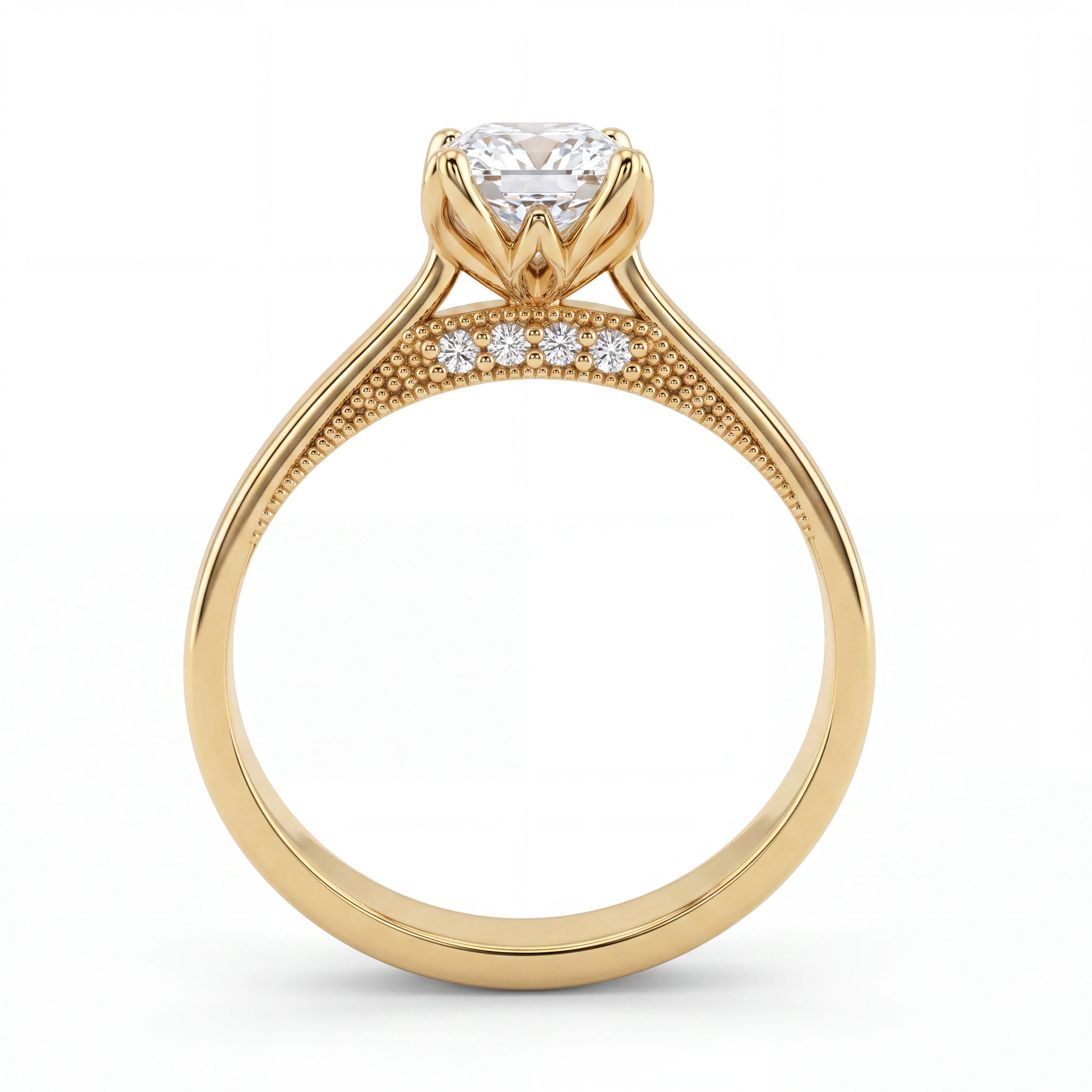 Cushion cut lotus prong milgrain Lab-Grown Diamond engagement ring in 14K yellow gold, front close-up showing gallery diamond accents and milgrain detail — Black Pearl of Queens