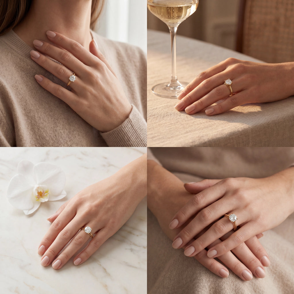 Cushion cut lotus prong milgrain Lab-Grown Diamond engagement ring shown in four lifestyle settings — Black Pearl of Queens