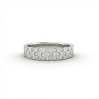 Cyrus Tessera diamond band in 14K white gold with geometric mosaic square pattern and flush set round diamonds across the band