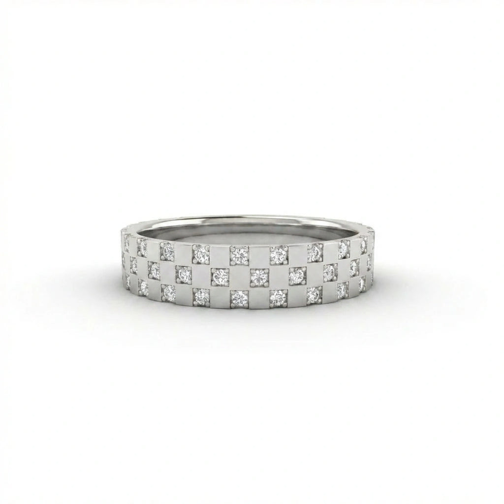 Cyrus Tessera diamond band in 14K white gold with geometric mosaic square pattern and flush set round diamonds across the band