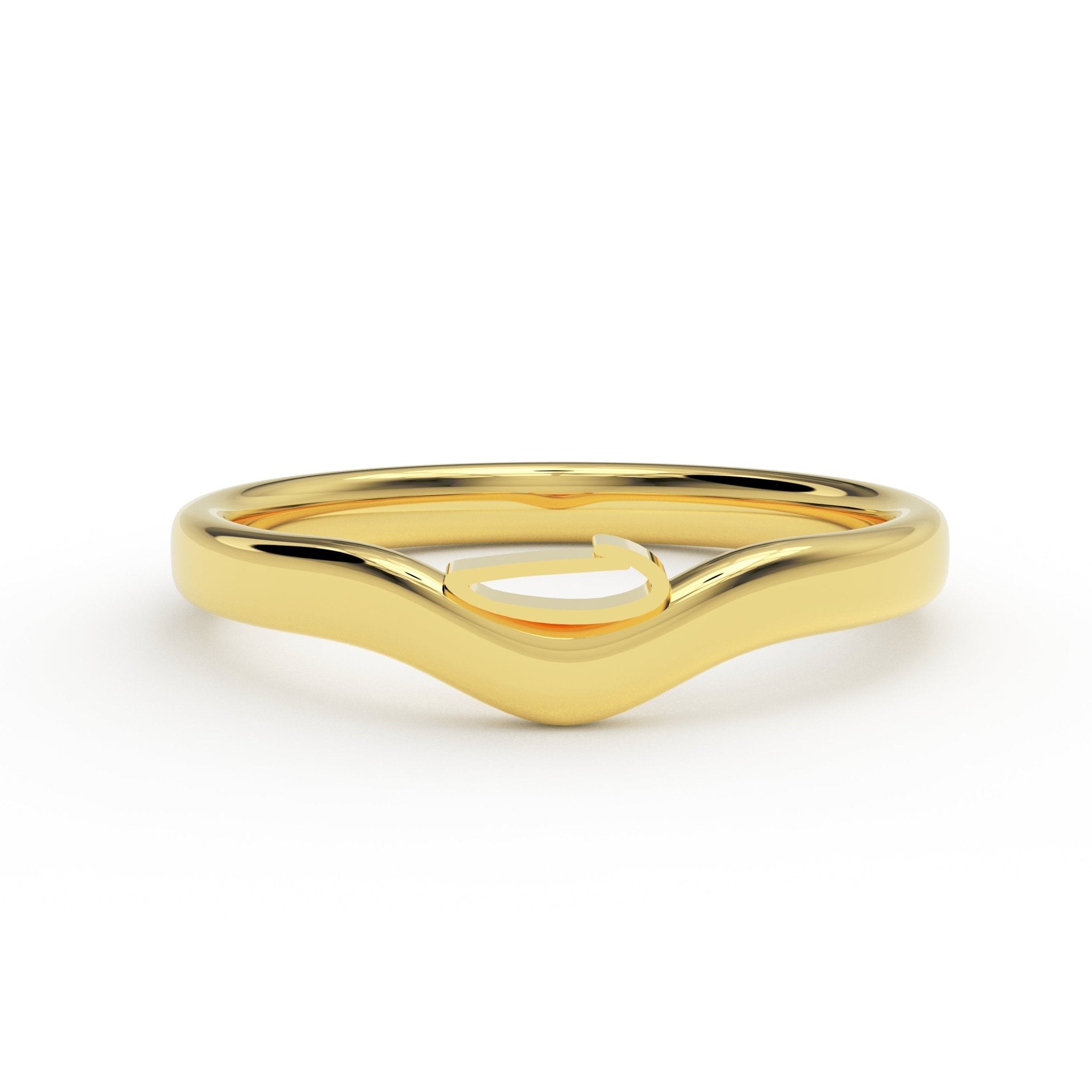D initial ring solid 14K gold version on white surface showing curved band and polish – Black Pearl of Queens