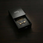 14K solid gold diamond arrow necklace presented in Black Pearl of Queens luxury matte black jewelry box