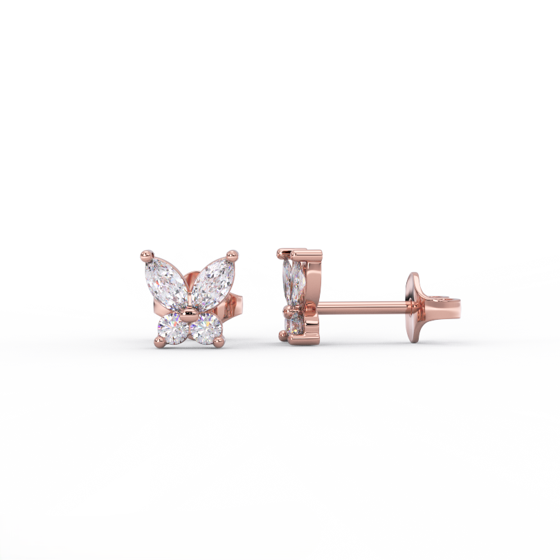 Rose gold diamond butterfly stud earrings with push-back post