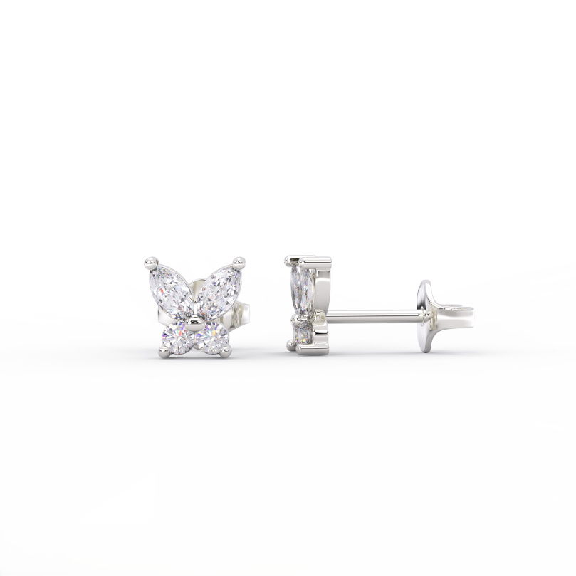 Diamond butterfly stud earrings in 14K white gold with marquise diamonds