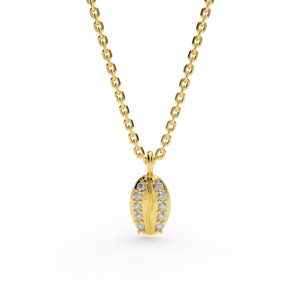 Diamond coffee bean pendant necklace in 14K gold on white background
