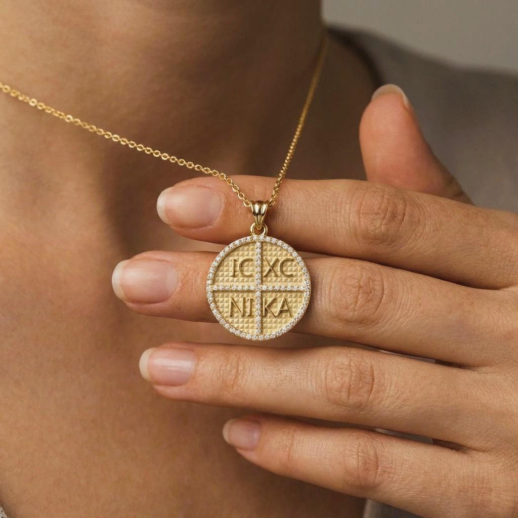 Close-up of woman holding 14K gold engraved cross medallion necklace with diamond pavé border