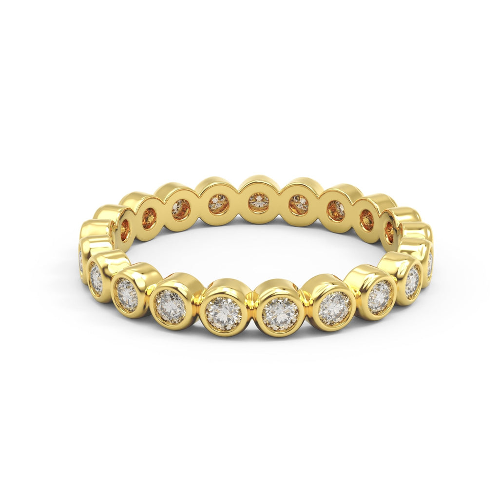Diamond eternity ring 3mm bezel set in 14k yellow gold, closed up view