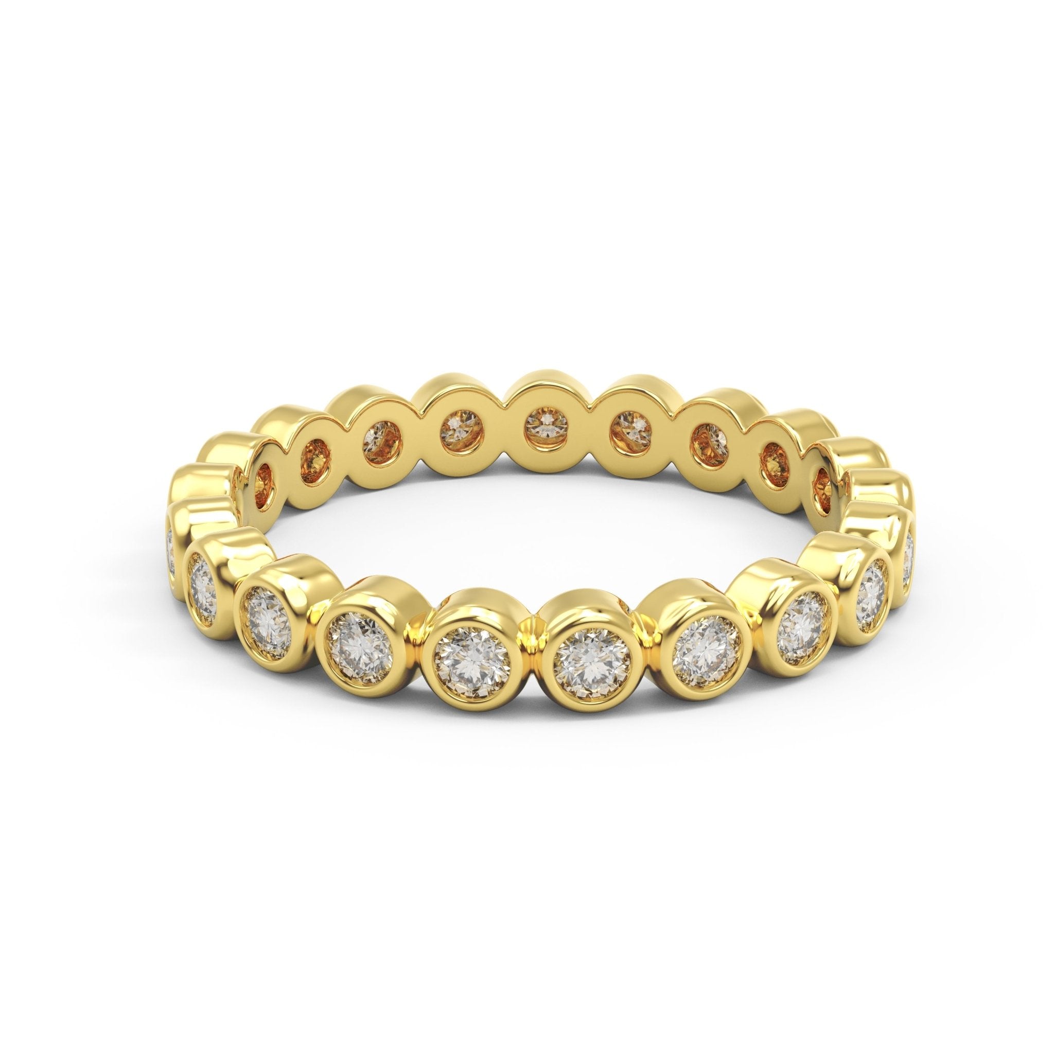 Diamond eternity ring 3mm bezel set in 14k yellow gold, closed up view