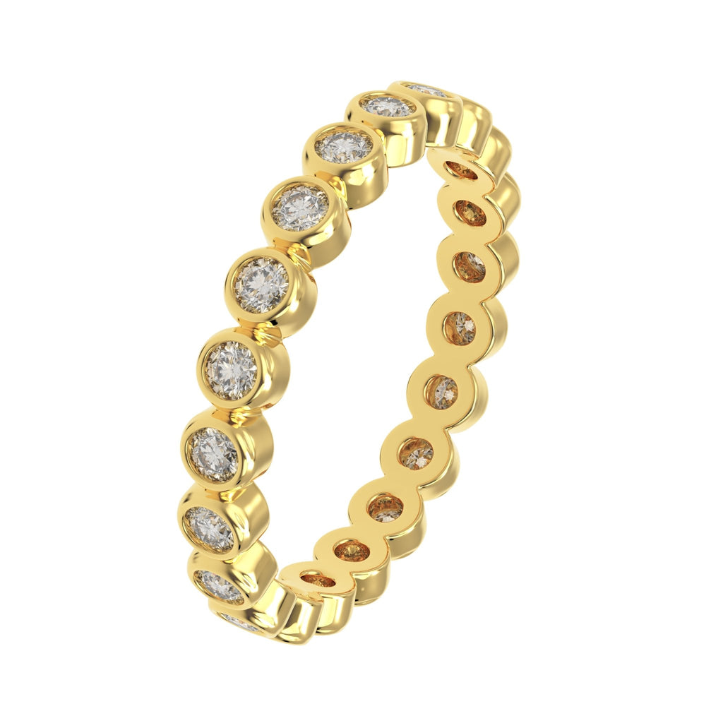 Diamond eternity ring 3mm bezel set in 14k yellow gold, Angle up view
