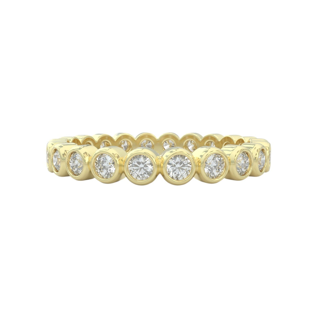 Diamond eternity ring 3mm bezel set in 14k yellow gold, closed up view