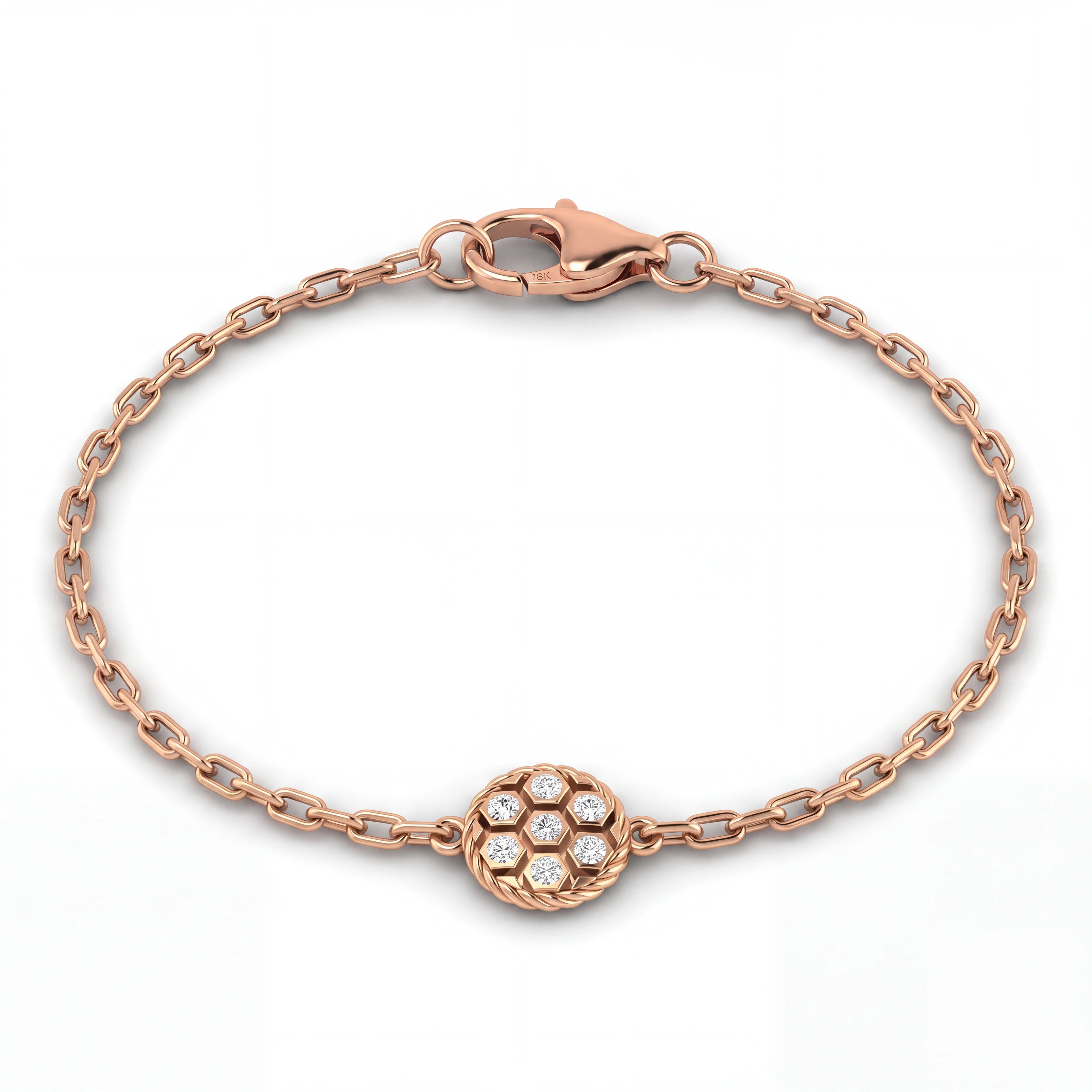 Diamond honeycomb chain bracelet in solid 14K rose gold with a seven-diamond hexagon station — Black Pearl of Queens