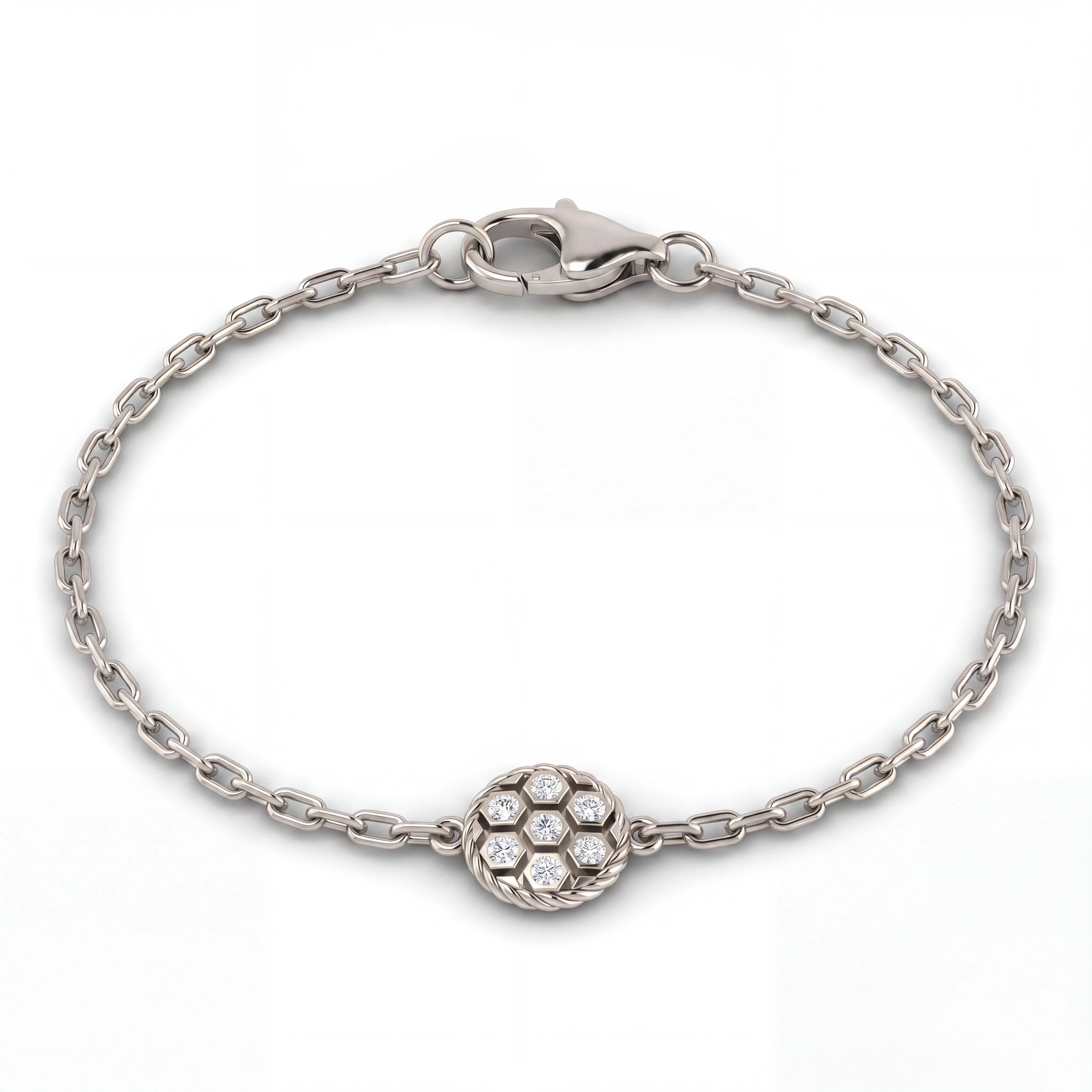 Diamond honeycomb chain bracelet in solid 14K white gold with a seven-diamond hexagon station — Black Pearl of Queens
