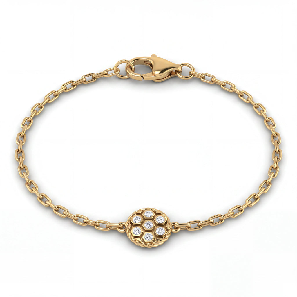 Diamond honeycomb chain bracelet in solid 14K yellow gold with a seven-diamond hexagon station — Black Pearl of Queens