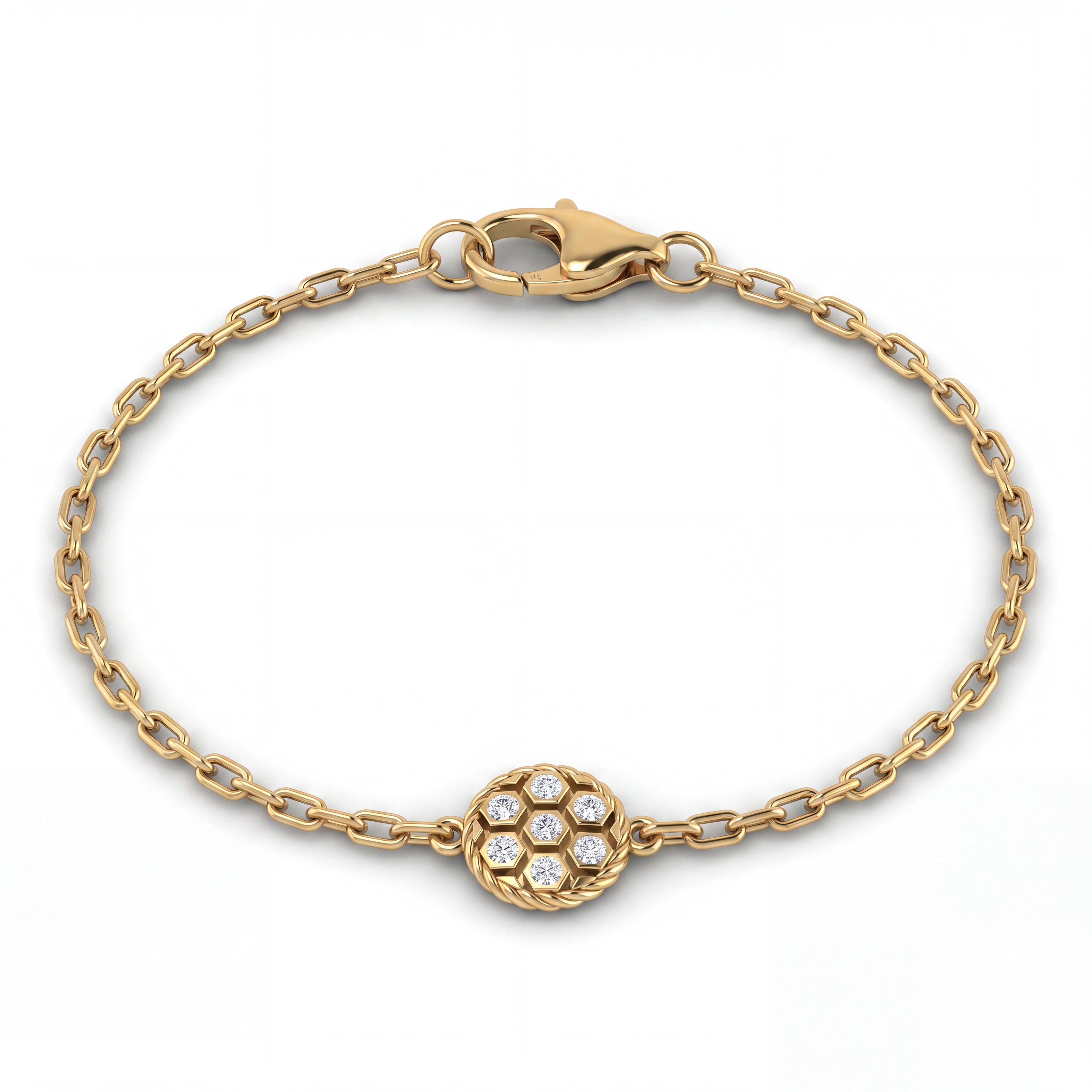 Diamond honeycomb chain bracelet in solid 14K yellow gold with a seven-diamond hexagon station — Black Pearl of Queens