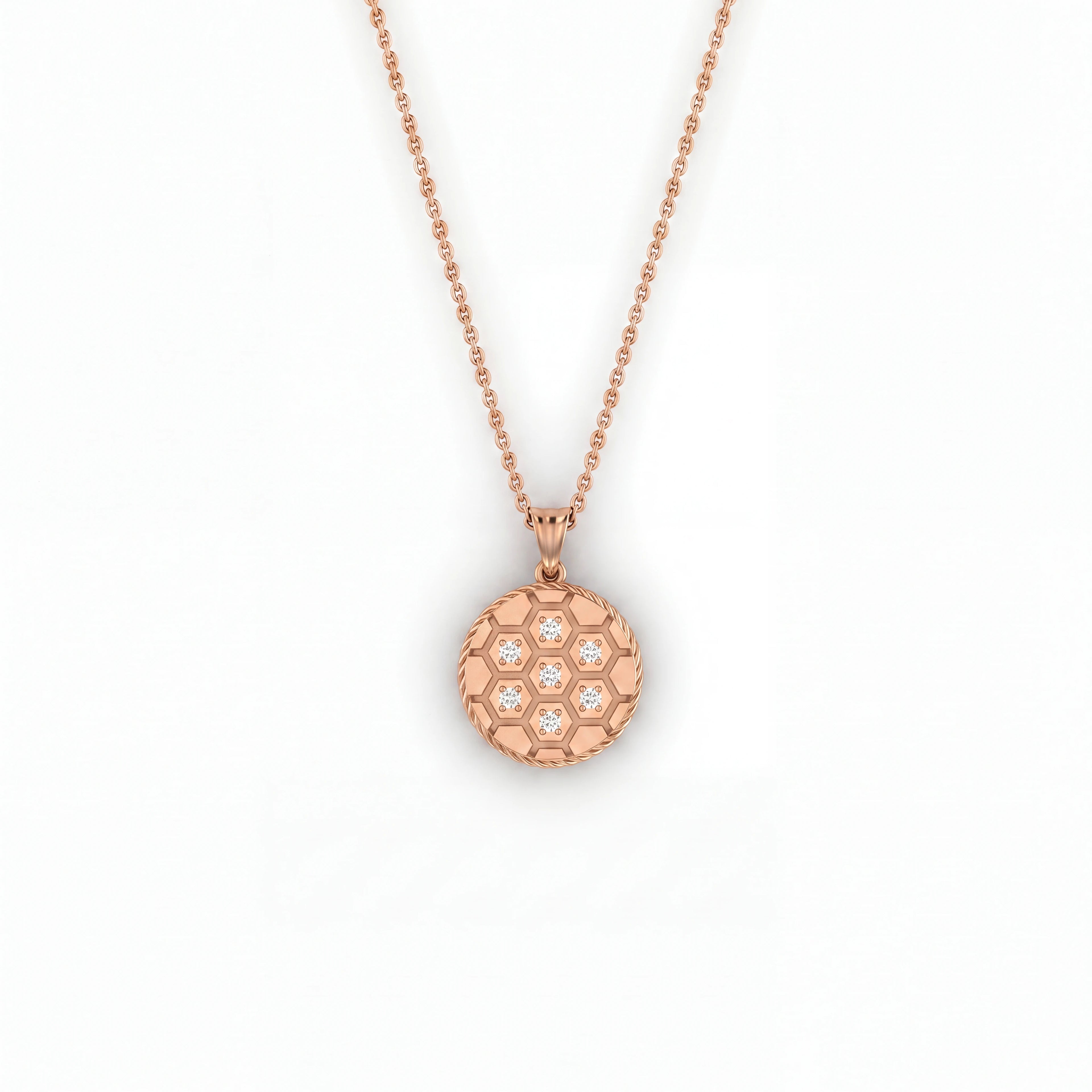 Diamond honeycomb medallion pendant in solid 14K rose gold, front view with seven Lab-Grown Diamonds — Black Pearl of Queens