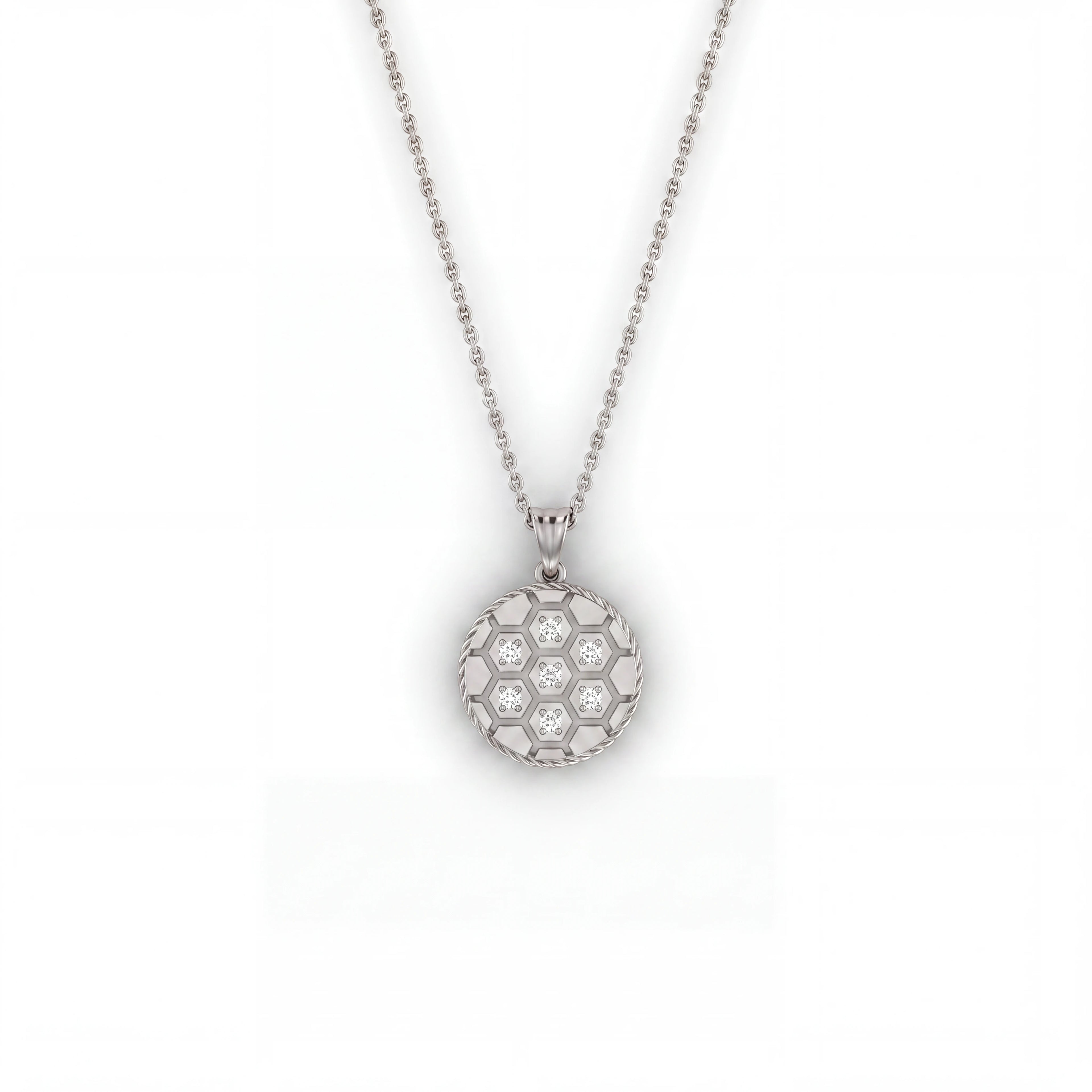 Diamond honeycomb medallion pendant in solid 14K white gold, front view with seven Lab-Grown Diamonds — Black Pearl of Queens