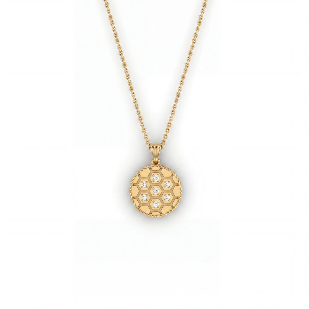 Diamond honeycomb medallion pendant in solid 14K yellow gold, front view with seven Lab-Grown Diamonds — Black Pearl of Queens