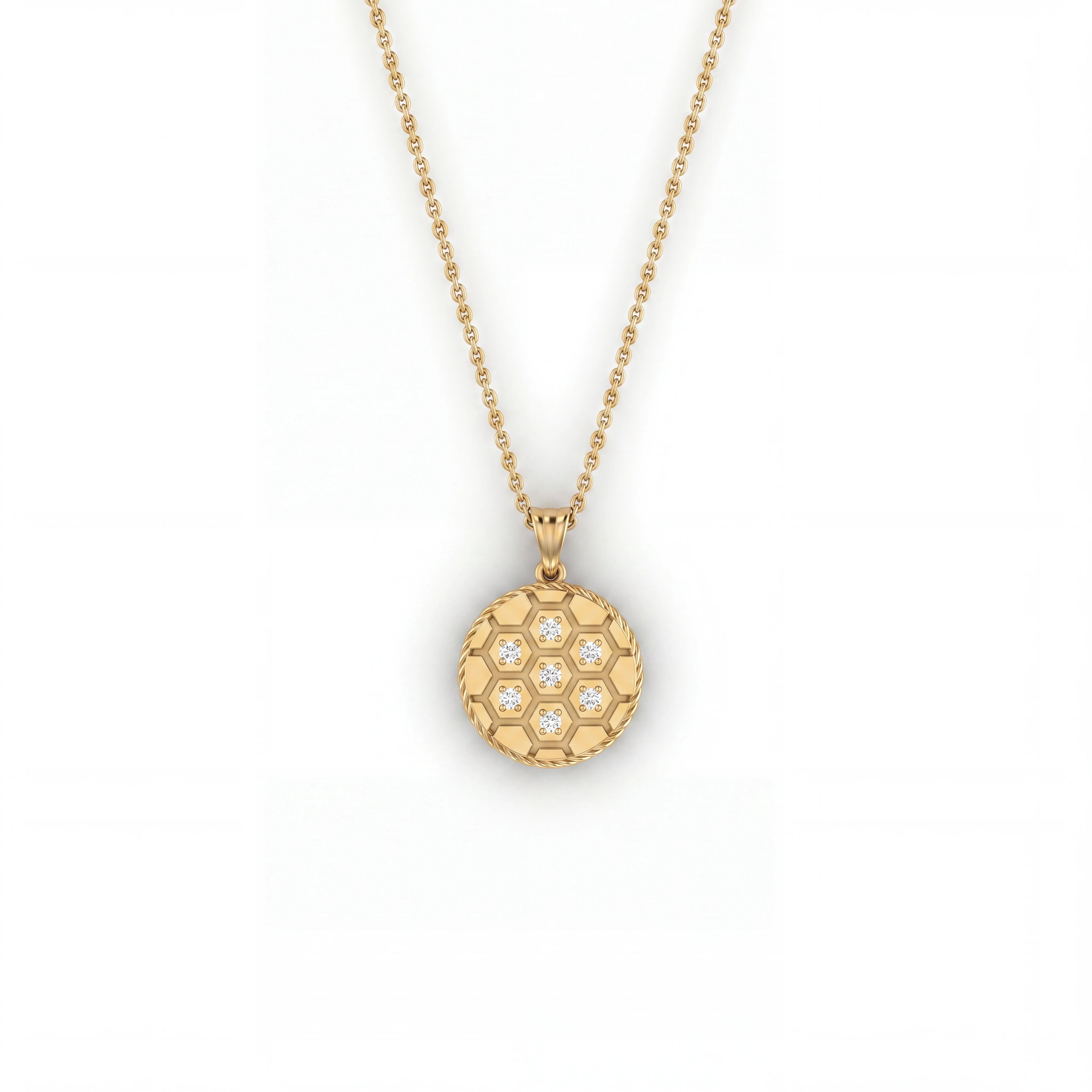 Diamond honeycomb medallion pendant in solid 14K yellow gold, front view with seven Lab-Grown Diamonds — Black Pearl of Queens