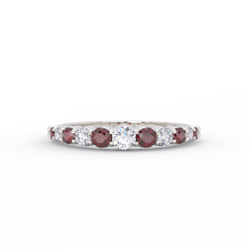 Lab grown ruby and graduated diamond half eternity band in 14K white gold - front view