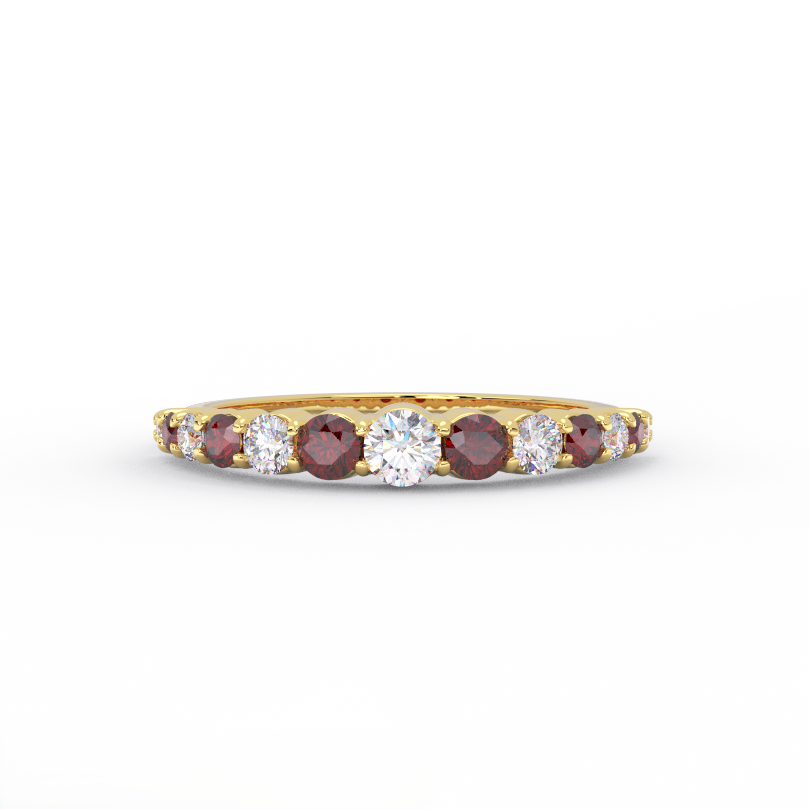 Lab grown ruby and graduated diamond half eternity band in 14K yellow gold - front view