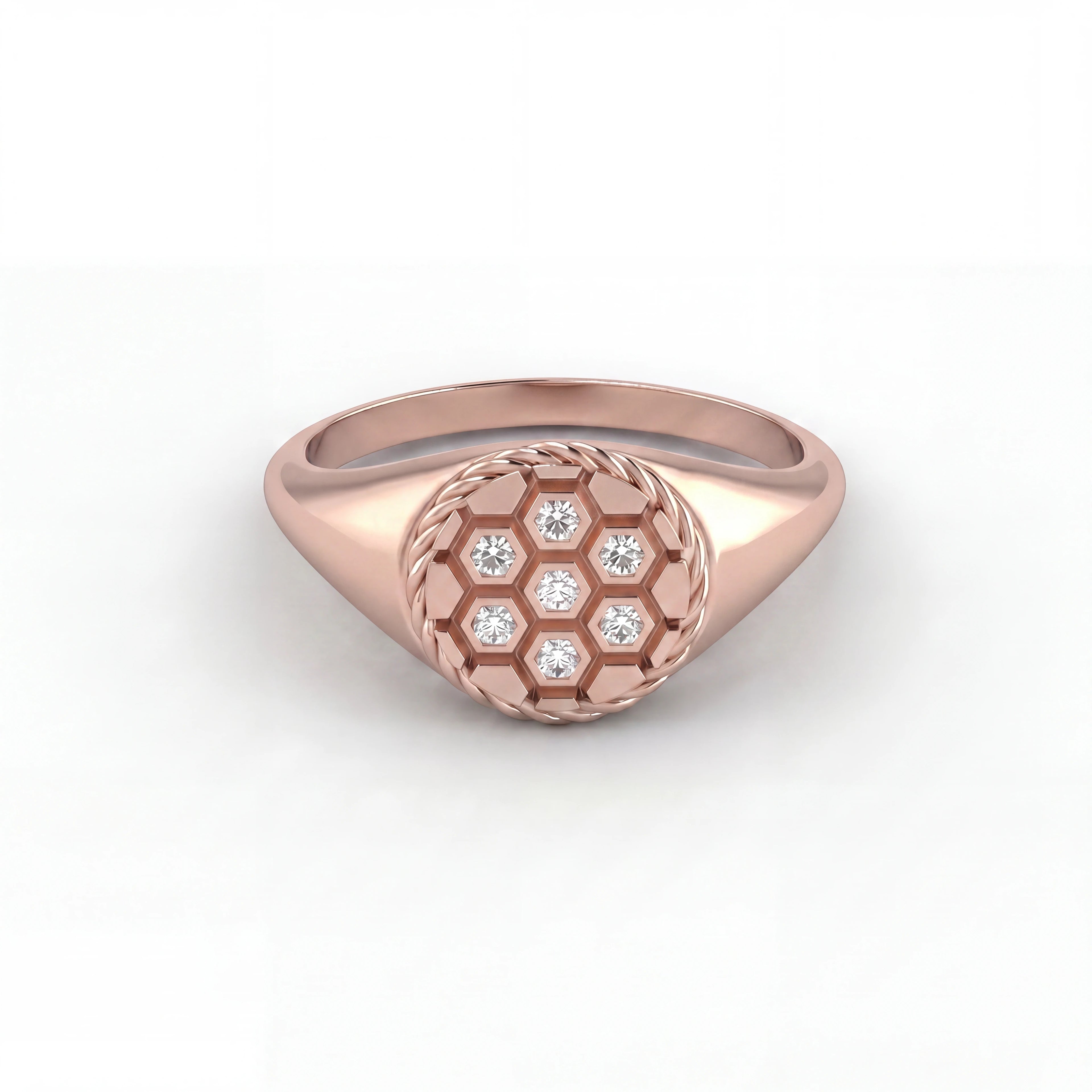 Solid 14K rose gold diamond soccer signet ring, front view of honeycomb face with seven Lab-Grown Diamonds — Black Pearl of Queens