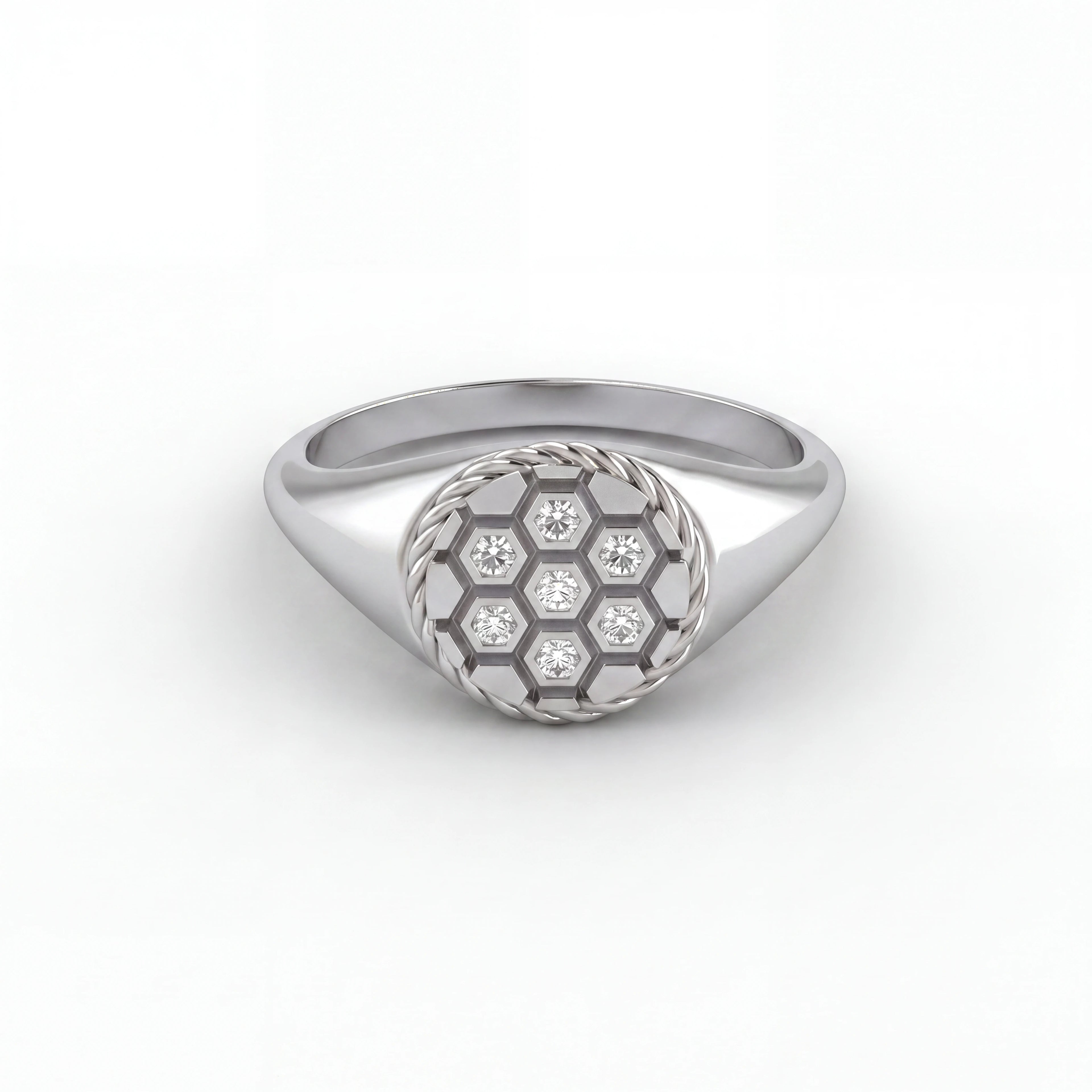 Solid 14K white gold diamond soccer signet ring, front view of honeycomb face with seven Lab-Grown Diamonds — Black Pearl of Queens