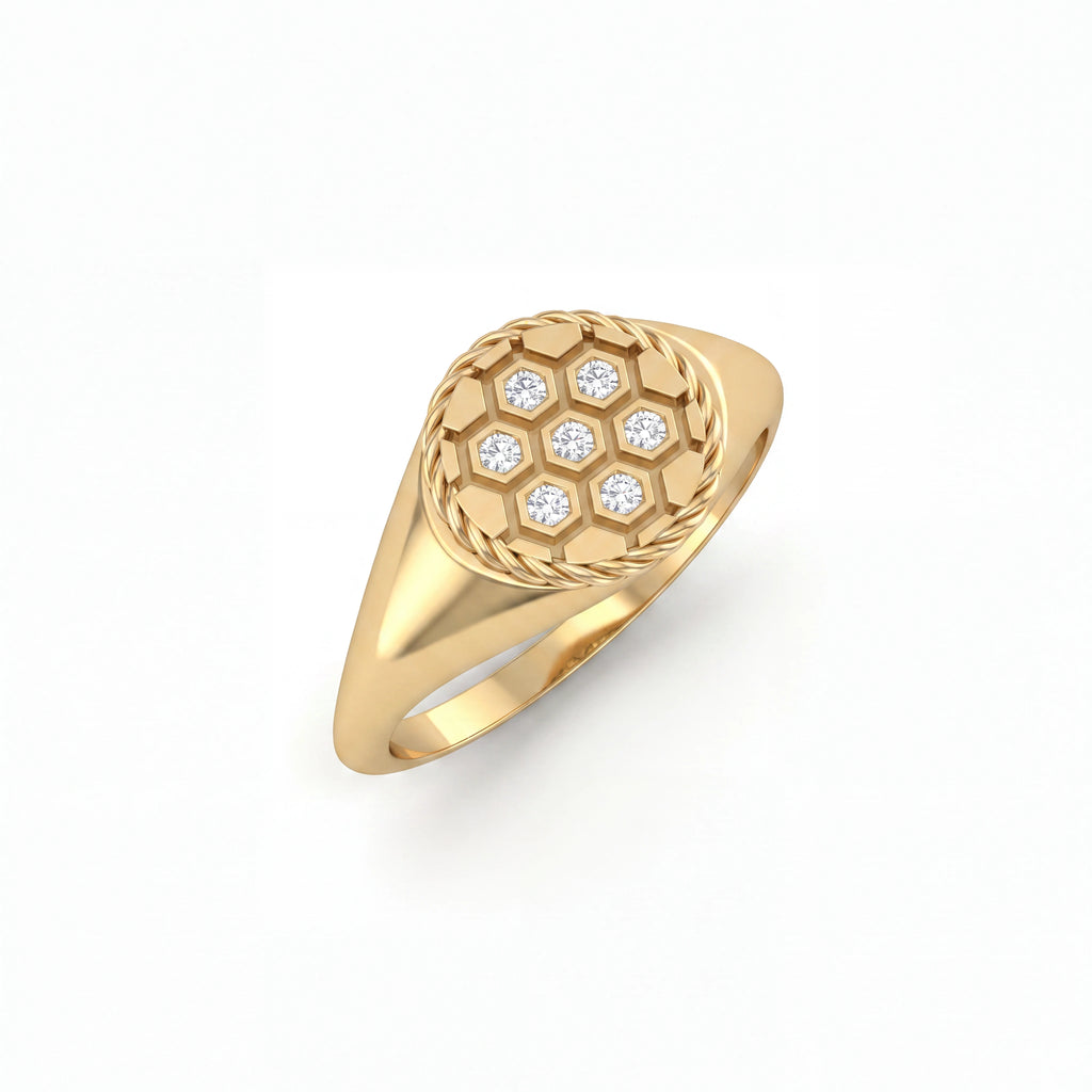 Diamond soccer signet ring in solid 14K yellow gold, angled view of full band and diamond-set honeycomb face — Black Pearl of Queens