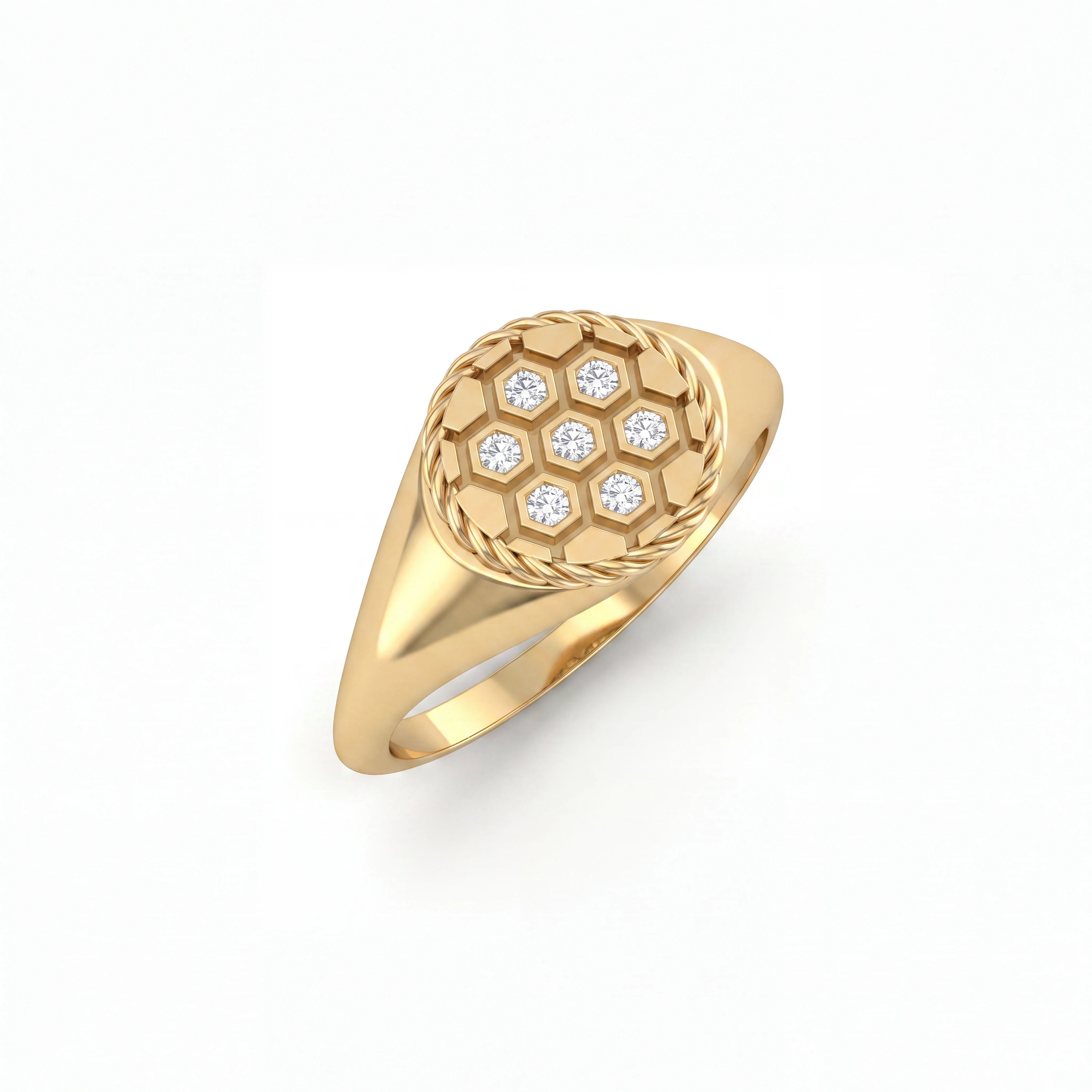 Diamond soccer signet ring in solid 14K yellow gold, angled view of full band and diamond-set honeycomb face — Black Pearl of Queens