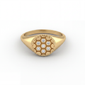 Diamond soccer signet ring in solid 14K yellow gold, front view of honeycomb face set with seven Lab-Grown Diamonds — Black Pearl of Queens