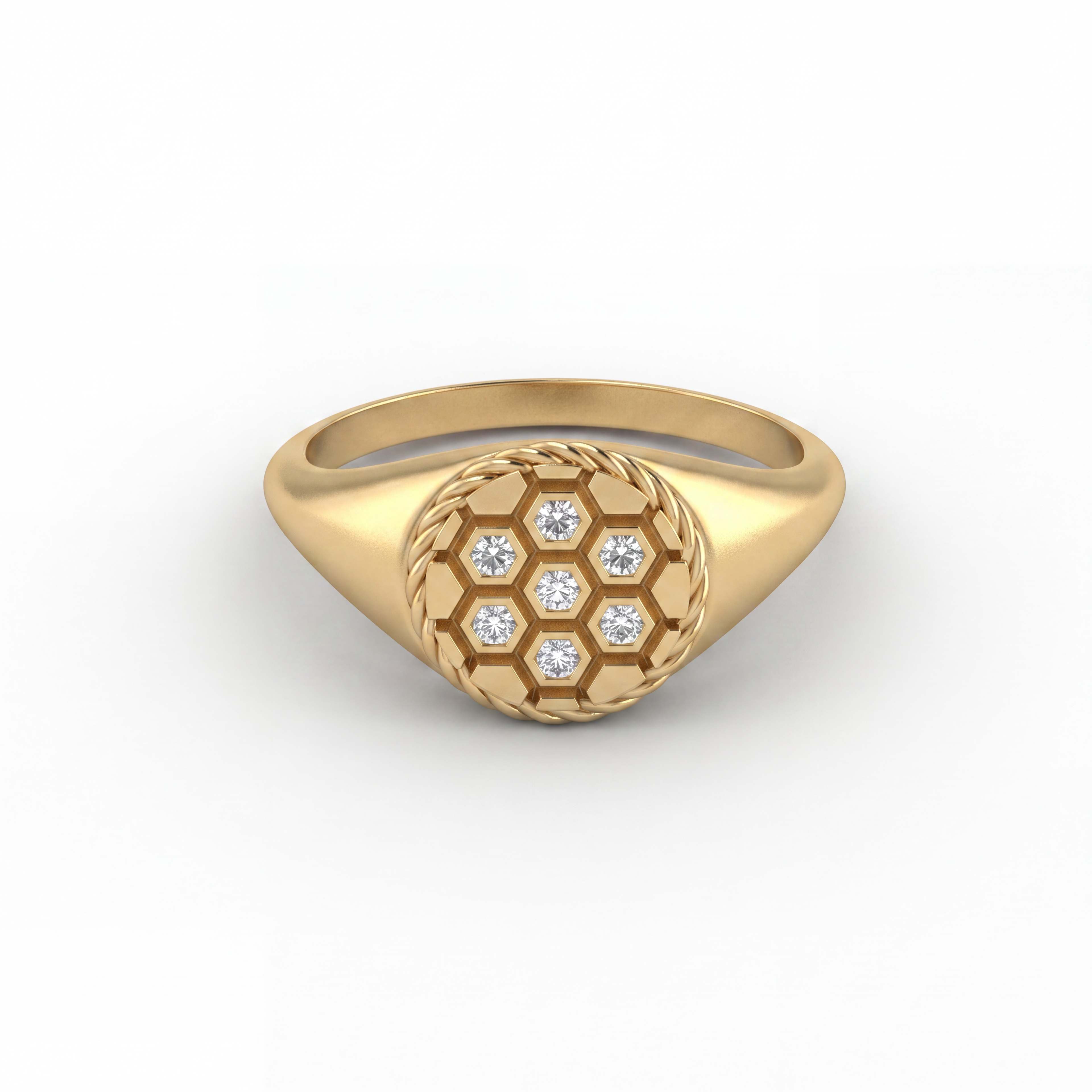 Diamond soccer signet ring in solid 14K yellow gold, front view of honeycomb face set with seven Lab-Grown Diamonds — Black Pearl of Queens