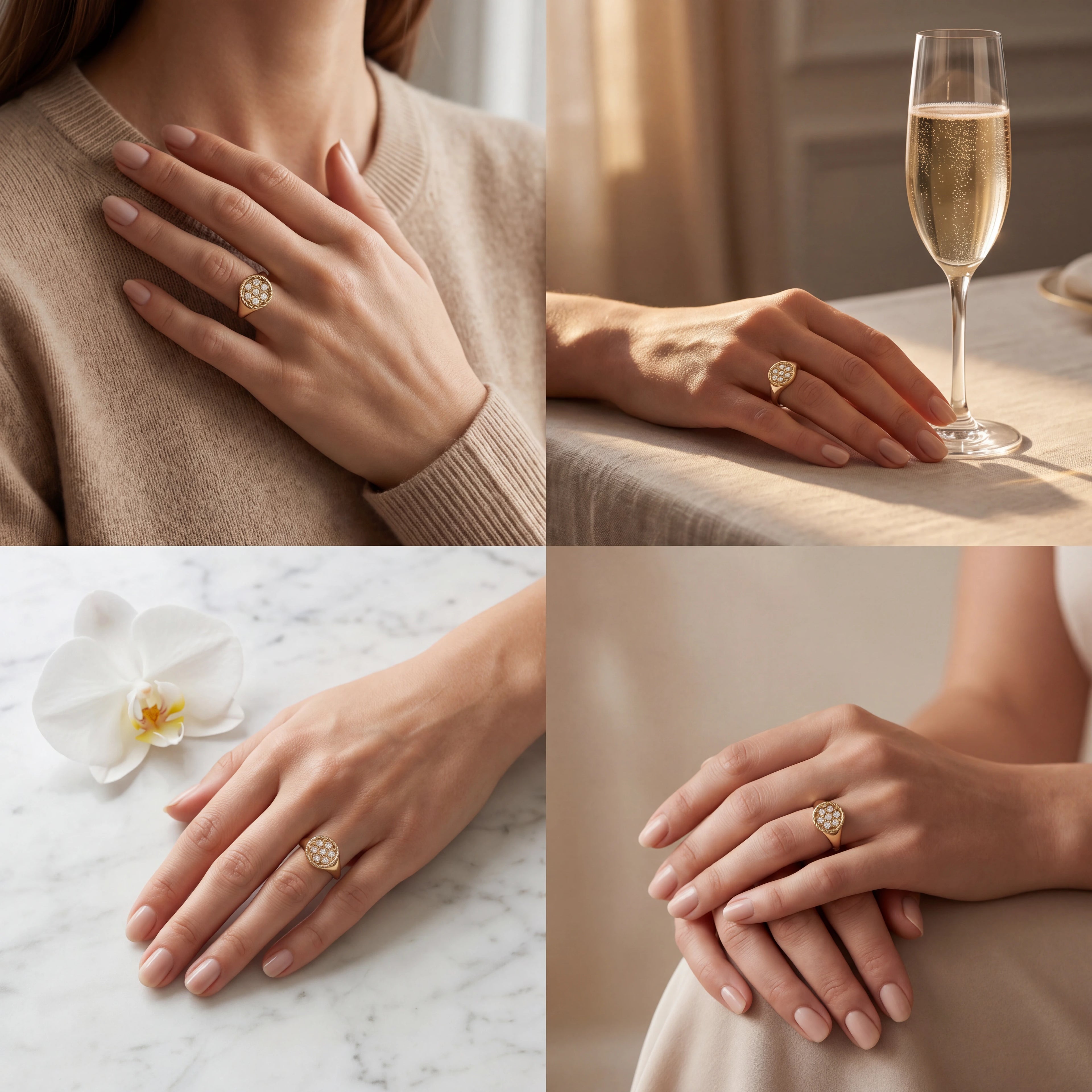 Woman wearing solid 14K yellow gold diamond soccer signet ring in everyday settings — Black Pearl of Queens