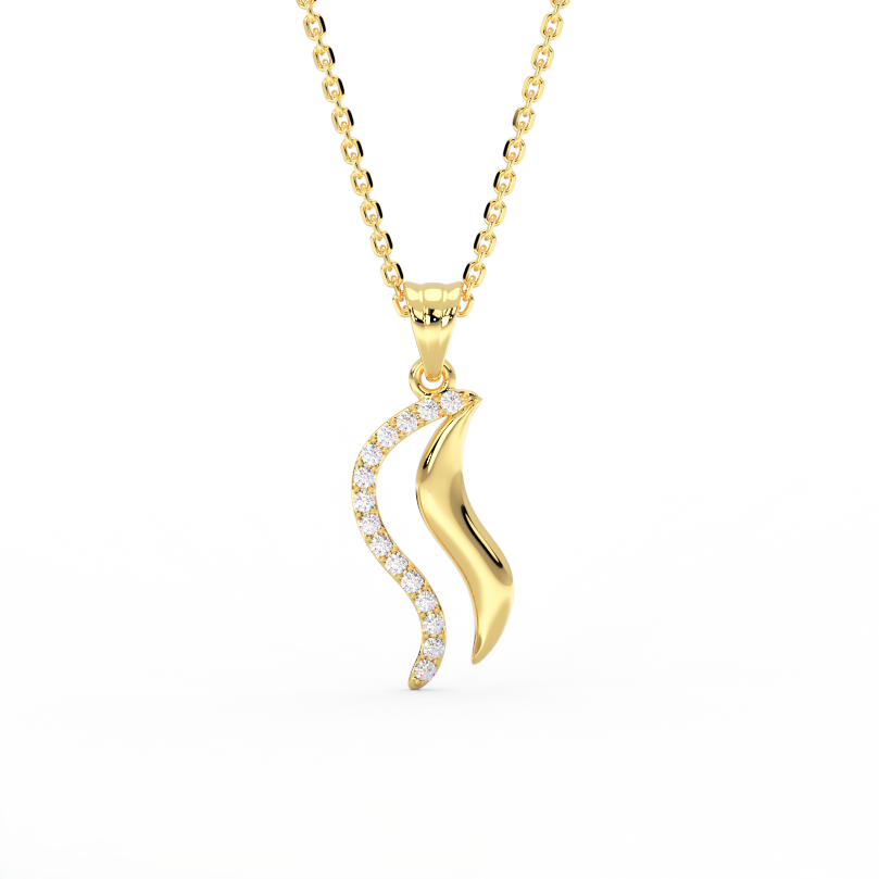 Diamond wave pendant necklace in solid 14K yellow gold with pave diamonds