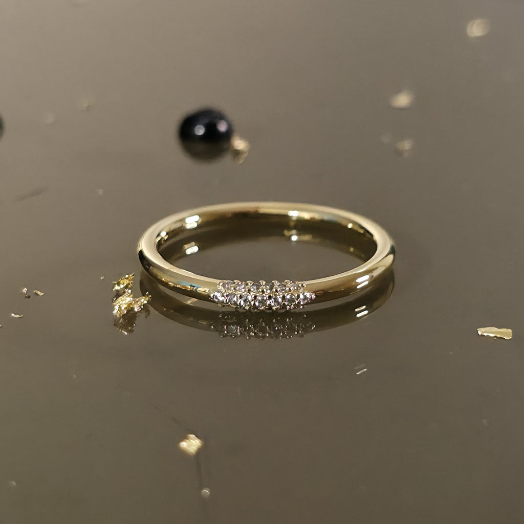 2mm 14K gold diamond wire ring with petite diamond cluster – minimalist wire wedding ring handcrafted in New York