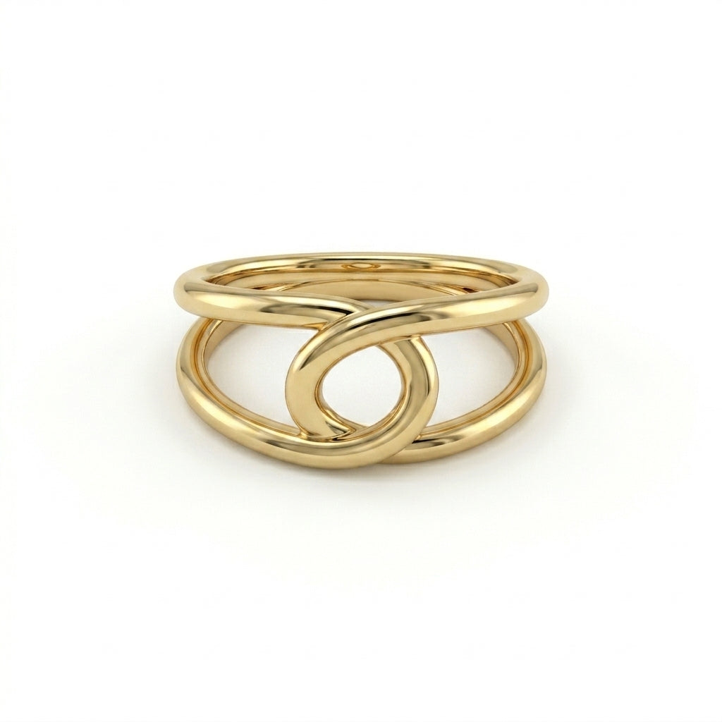 Double loop gold ring in 14K rose gold, front view showing interlocking loop structure with open parallel rails — Black Pearl of Queens