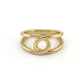 Double loop gold ring in 14K rose gold, front view showing interlocking loop structure with open parallel rails — Black Pearl of Queens