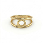 Double loop gold ring in 14K rose gold, front view showing interlocking loop structure with open parallel rails — Black Pearl of Queens