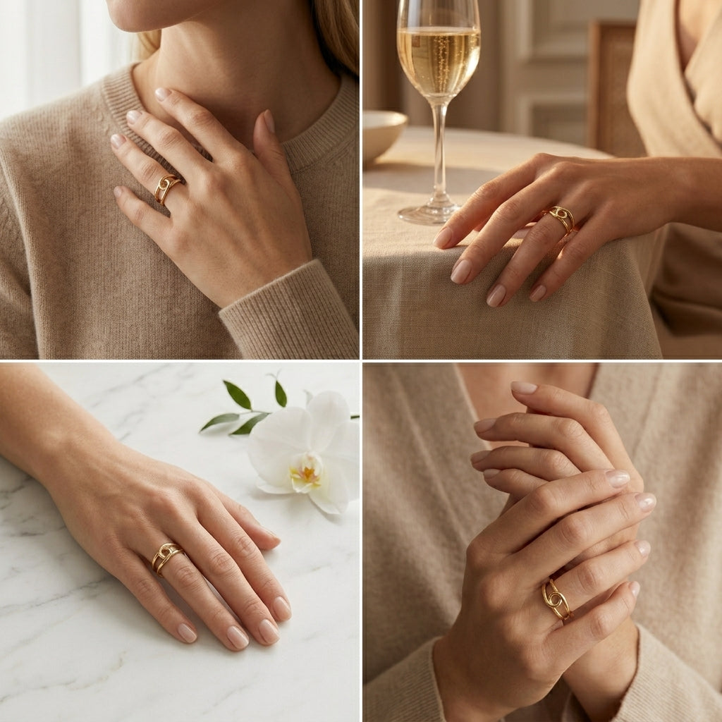 Double loop gold ring in 14K yellow gold, angled view showing open loop structure and negative space — Black Pearl of Queens