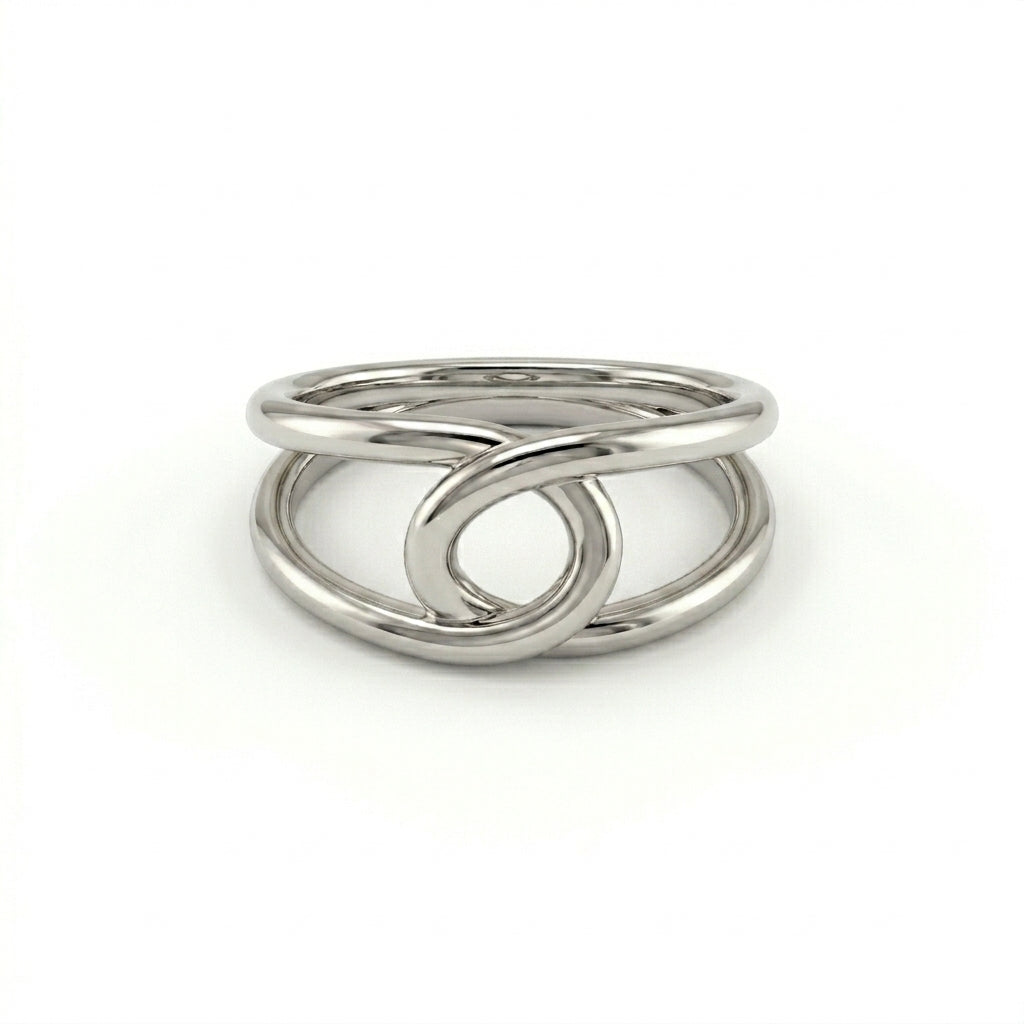 Double loop gold ring in 14K yellow gold, front view showing raised central loop and parallel rail design — Black Pearl of Queens