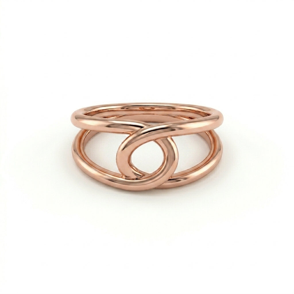 Model wearing double loop gold ring in 14K yellow gold, showing sculptural interlocking loop on hand — Black Pearl of Queens
