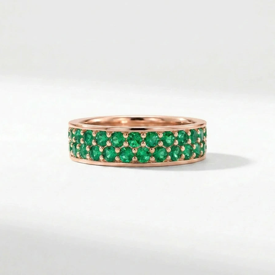 Double row emerald eternity ring in 14K rose gold with full pavé green gemstone setting