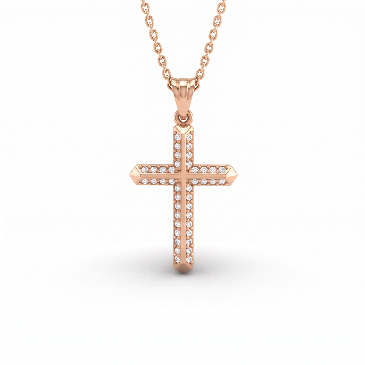 Double row Lab-Grown Diamond cross pendant with faceted pointed tips in 14K rose gold