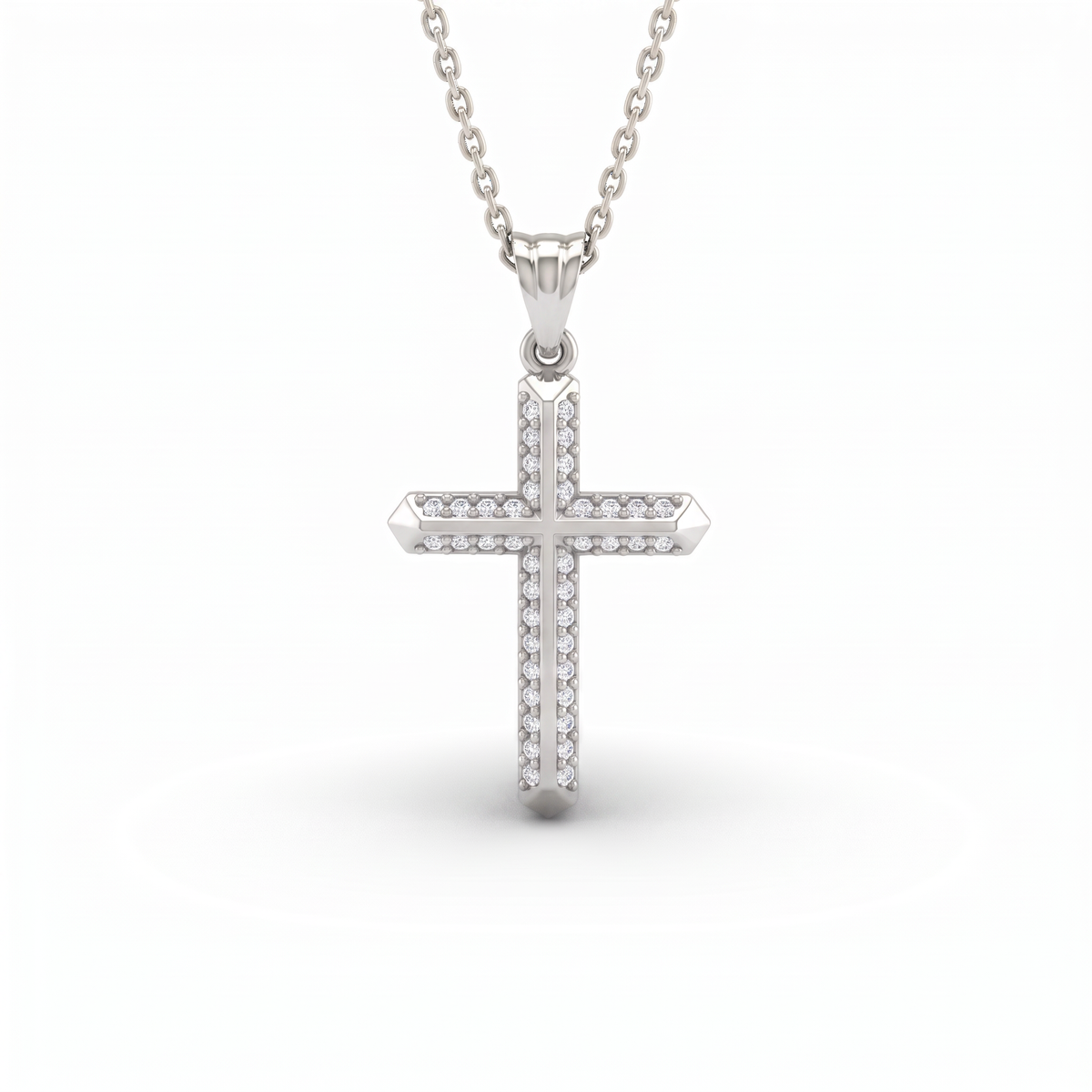 Double row Lab-Grown Diamond cross pendant with faceted pointed tips in 14K white gold